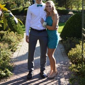 Teal embezzled Rachel Allen Homecoming dress